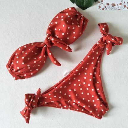 Bikinis Set Vintage Dot Print Tie Bowknot Strapless Swimwear Sexy