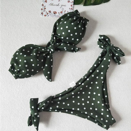 Bikinis Set Vintage Dot Print Tie Bowknot Strapless Swimwear Sexy
