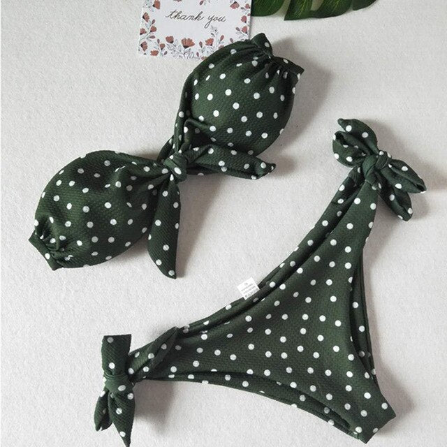 Bikinis Set Vintage Dot Print Tie Bowknot Strapless Swimwear Sexy