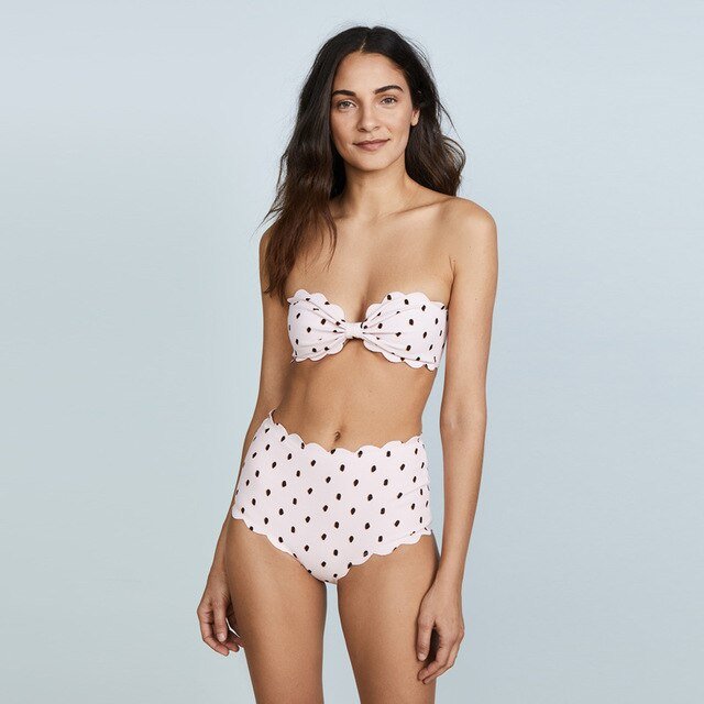 Bikinis Set Vintage Wavy Edge Dot Print Halter Strapless Swimwear Sexy Two Piece Women
