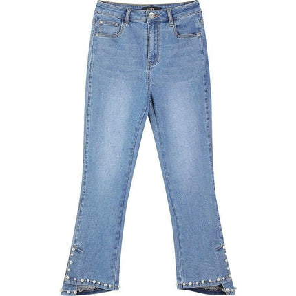 Blue Solid High Waist Washed Casual Flare Jeans Women,Spring Pure Pearls Hem Minimalist Ladies Basic Daily Trousers