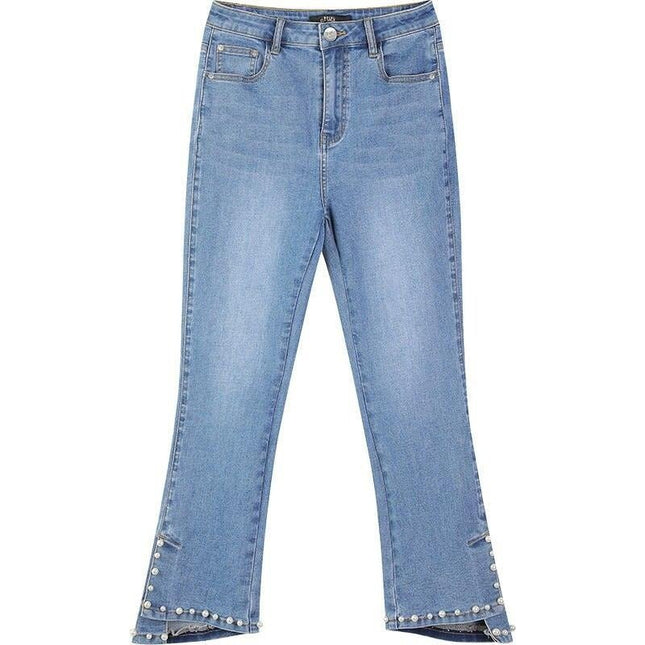 Blue Solid High Waist Washed Casual Flare Jeans Women,Spring Pure Pearls Hem Minimalist Ladies Basic Daily Trousers