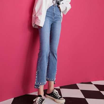 Blue Solid High Waist Washed Casual Flare Jeans Women,Spring Pure Pearls Hem Minimalist Ladies Basic Daily Trousers
