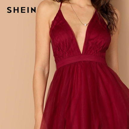 Burgundy Plunging Neck Crisscross Back Cami Dress Maxi Plain Sexy Night Out Dress Autumn Modern Lady Women Party Dresses