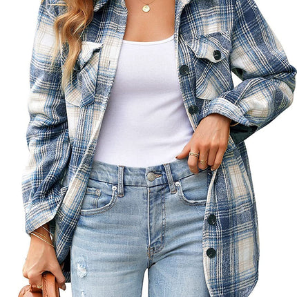 Women Oversized Check Button Shirt Jacket