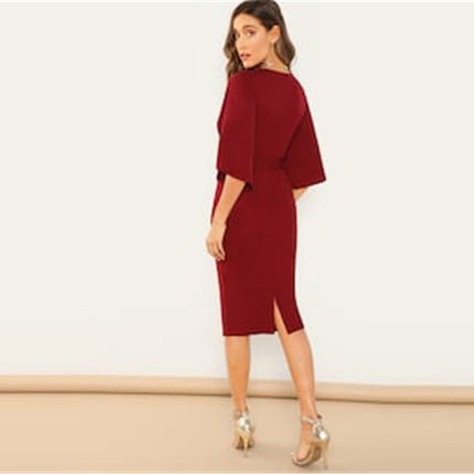 Casual Round Neck Flutter Sleeve Self Belted Pencil Dress Autumn Modern Lady Casual Women Dresses