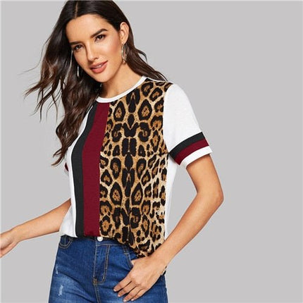 Color Block Cut-and-Sew Leopard Panel Top Short Sleeve O-Neck Casual T Shirt Women Summer Leisure Ladies Tshirt Tops