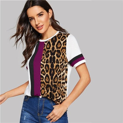 Color Block Cut-and-Sew Leopard Panel Top Short Sleeve O-Neck Casual T Shirt Women Summer Leisure Ladies Tshirt Tops