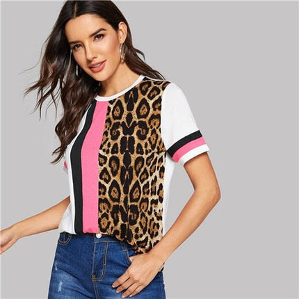 Color Block Cut-and-Sew Leopard Panel Top Short Sleeve O-Neck Casual T Shirt Women Summer Leisure Ladies Tshirt Tops