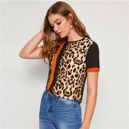Color Block Cut-and-Sew Leopard Panel Top Short Sleeve O-Neck Casual T Shirt Women Summer Leisure Ladies Tshirt Tops
