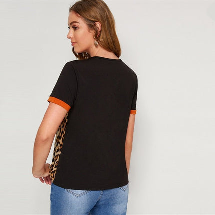 Color Block Cut-and-Sew Leopard Panel Top Short Sleeve O-Neck Casual T Shirt Women Summer Leisure Ladies Tshirt Tops