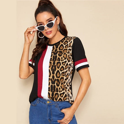 Color Block Cut-and-Sew Leopard Panel Top Short Sleeve O-Neck Casual T Shirt Women Summer Leisure Ladies Tshirt Tops