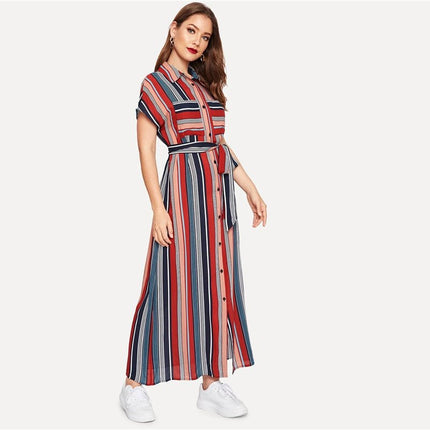 Colorful Striped Belted Hijab Shirt Dress  Women Chic Spring Summer Button Short Sleeve Pocket Autumn Dresses