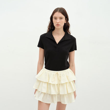 "Dublin" Lapel Straight Shoulder Slim Fit Short Sleeve T-shirt Tops Women