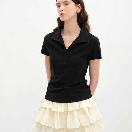 "Dublin" Lapel Straight Shoulder Slim Fit Short Sleeve T-shirt Tops Women
