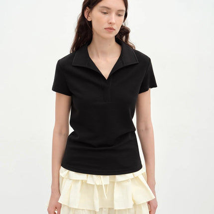 "Dublin" Lapel Straight Shoulder Slim Fit Short Sleeve T-shirt Tops Women