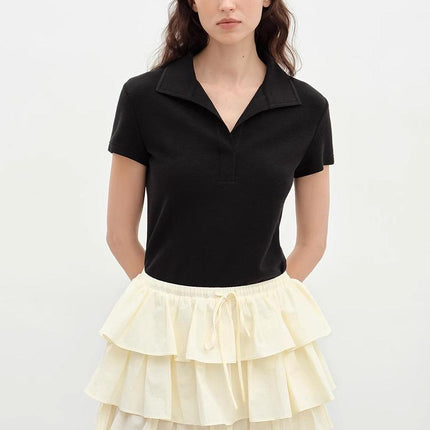 "Dublin" Lapel Straight Shoulder Slim Fit Short Sleeve T-shirt Tops Women