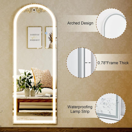 20x56 Arched Dimmable LED Full Length Mirror Three Color Lighting Wall Or Standing