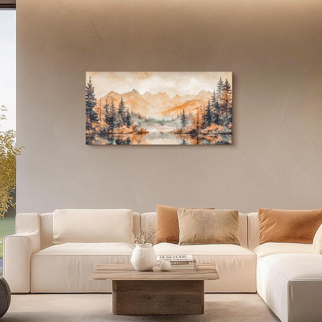 Canvas Wall Art 20x40 Inches Misty Forest Gold Lake Landscape