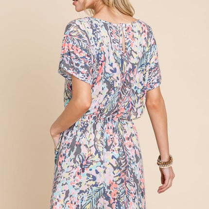 BOMBOM Printed Drawstring Short Sleeve Romper