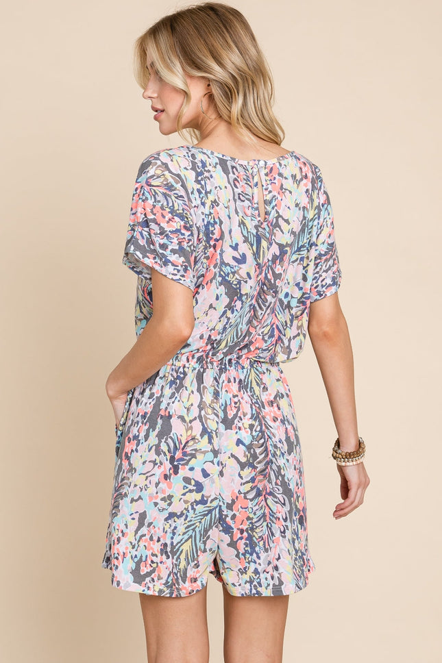 BOMBOM Printed Drawstring Short Sleeve Romper