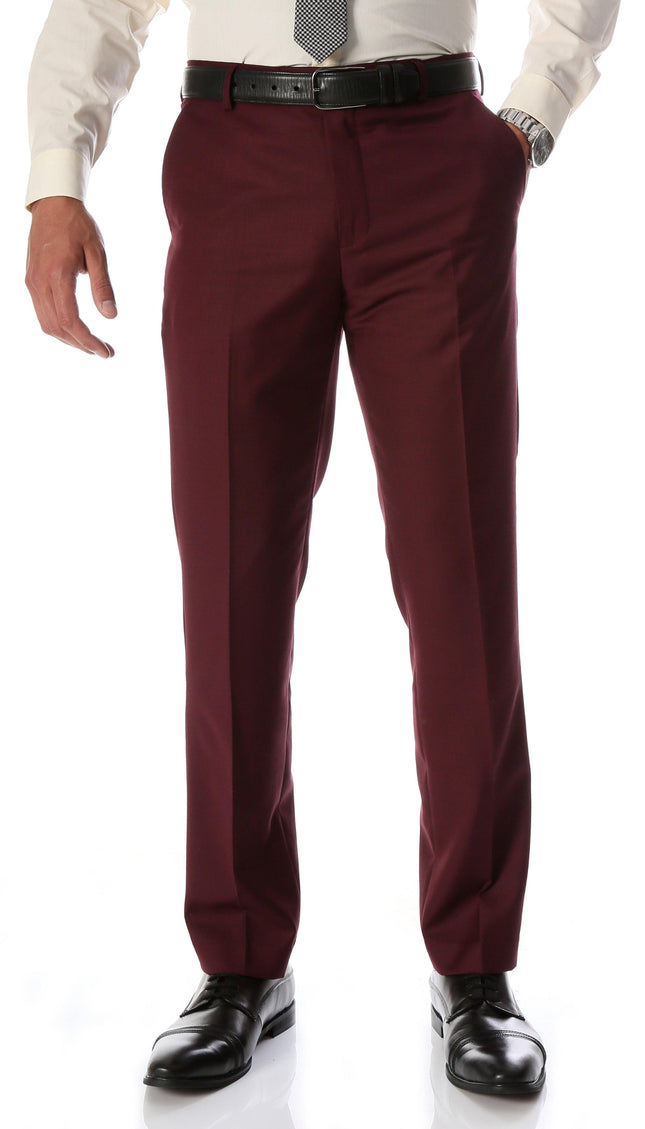 Burgundy Slim Fit Flat-Front Dress Pants