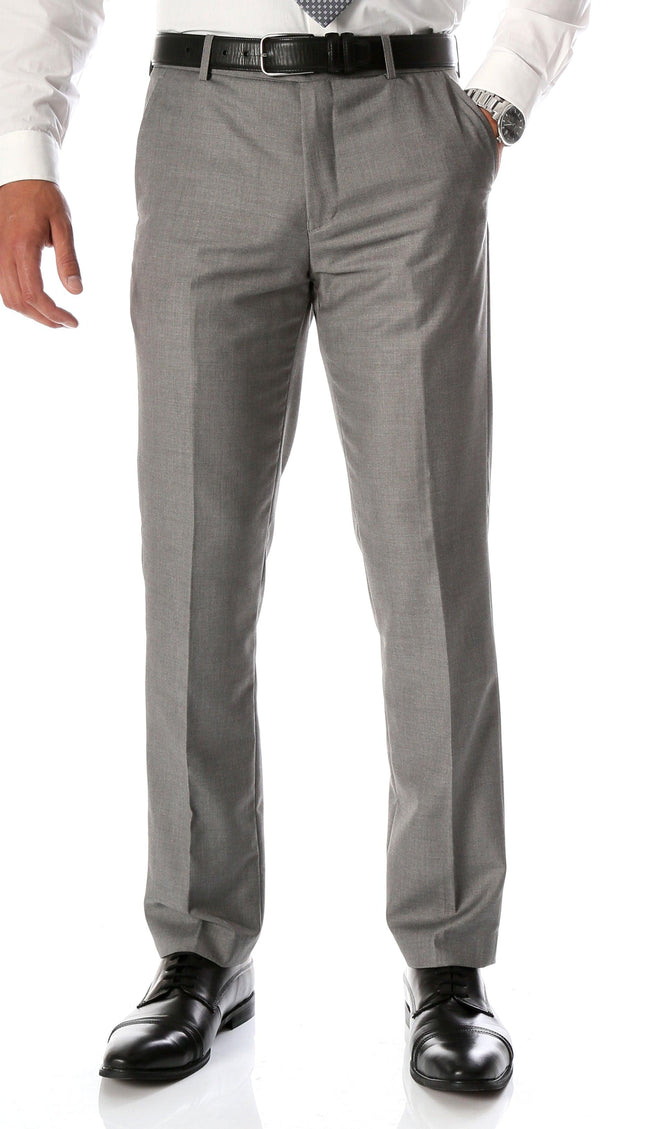 Grey Slim Fit Flat-Front Dress Pants