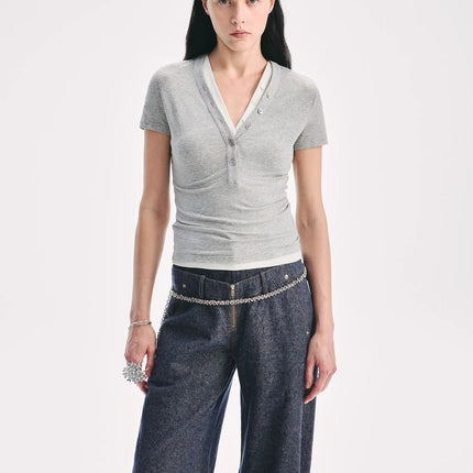 FireladyFur Brand Slim Fit Tencel Wool Women's Slim Fit Henley T-Shirts Short/Long Sleeve V-Neck Button Knitted Bottoming Basic Tops"Pure Fashion"