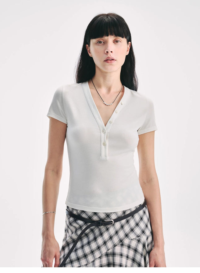 FireladyFur Brand Slim Fit Tencel Wool Women's Slim Fit Henley T-Shirts Short/Long Sleeve V-Neck Button Knitted Bottoming Basic Tops"Pure Fashion"