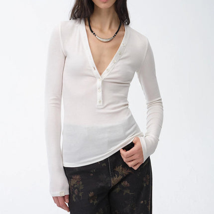 FireladyFur Brand Slim Fit Tencel Wool Women's Slim Fit Henley T-Shirts Short/Long Sleeve V-Neck Button Knitted Bottoming Basic Tops"Pure Fashion"