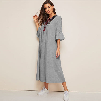 Tassel Tie Neck Embroidered Yoke Boho Striped Dress Women Summer Holiday Drop Waist Flounce Sleeve A Line Long Dresses
