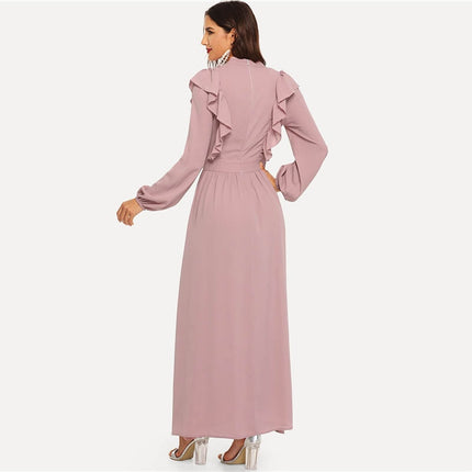 Pink Abaya Tie Neck Fit and Flare Ruffle Pleated High Waist A Line Dress Women Spring Solid Elegant Maxi Dresses