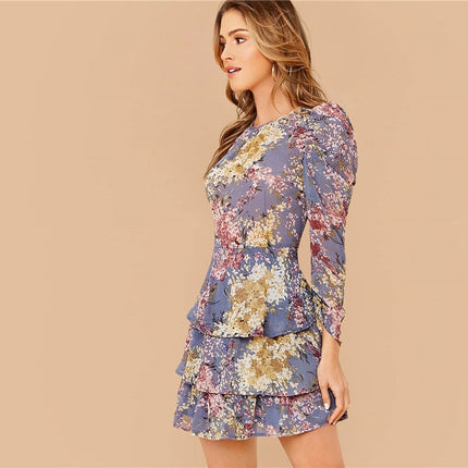 Allover Botanical Print Gigot Sleeve Layered Hem Chiffon Dress Women Spring O-neck High Waist Short A Line Boho Dresses