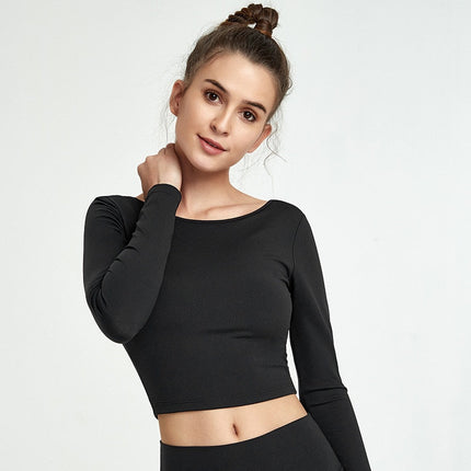 Mesh Patchwork Padded Sport Yoga Long Sleeved Crop Top Women