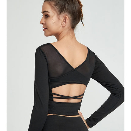 Mesh Patchwork Padded Sport Yoga Long Sleeved Crop Top Women