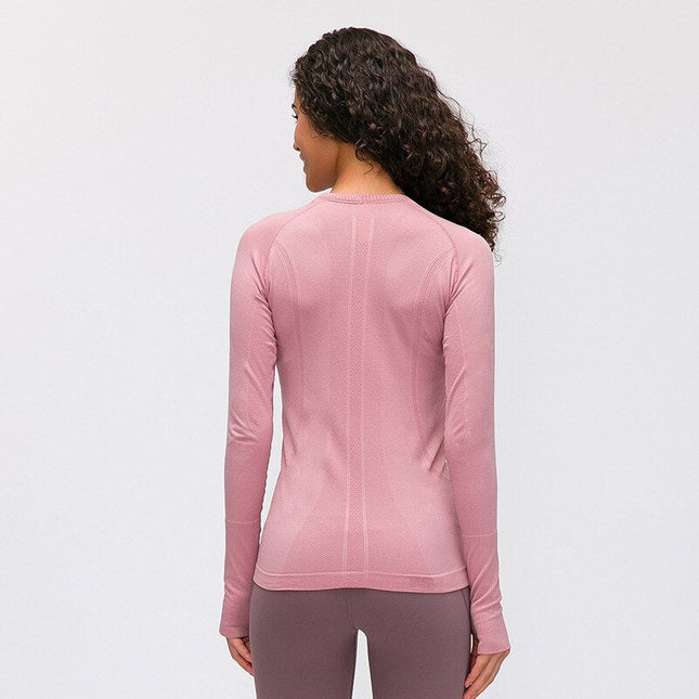 Seamless Slim Fit Yoga Shirts Workout Long Sleeved Shirts Women O-neck Sports Gym Fitness Tops with Thumb Holes Workout Top