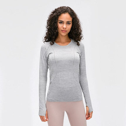 Seamless Slim Fit Yoga Shirts Workout Long Sleeved Shirts Women O-neck Sports Gym Fitness Tops with Thumb Holes Workout Top