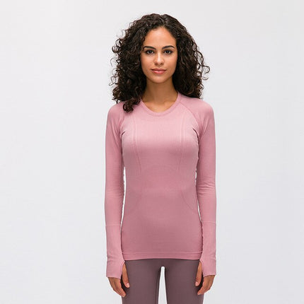 Seamless Slim Fit Yoga Shirts Workout Long Sleeved Shirts Women O-neck Sports Gym Fitness Tops with Thumb Holes Workout Top