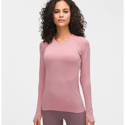 Seamless Slim Fit Yoga Shirts Workout Long Sleeved Shirts Women O-neck Sports Gym Fitness Tops with Thumb Holes Workout Top