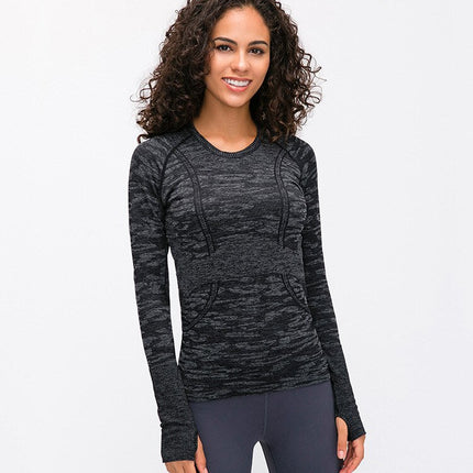 Seamless Slim Fit Yoga Shirts Workout Long Sleeved Shirts Women O-neck Sports Gym Fitness Tops with Thumb Holes Workout Top
