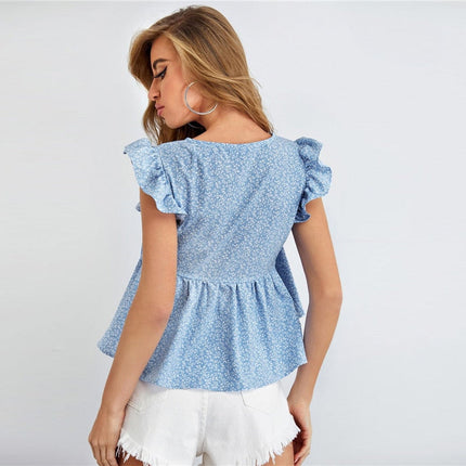 Women Summer V Neck Sleeveless Ladies Ditsy Floral Boho Cute Tops
