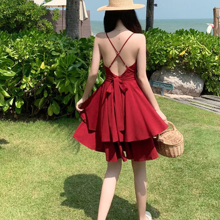 Summer Ruffles Sexy Dress Women Red Spaghetti Strap V Neck Backless Dresses Mini Zipper Club Party Female Dress Vestidos