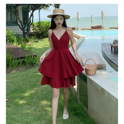 Summer Ruffles Sexy Dress Women Red Spaghetti Strap V Neck Backless Dresses Mini Zipper Club Party Female Dress Vestidos