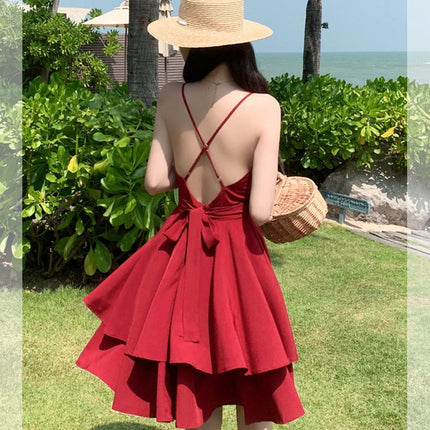 Summer Ruffles Sexy Dress Women Red Spaghetti Strap V Neck Backless Dresses Mini Zipper Club Party Female Dress Vestidos