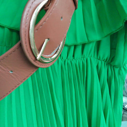 Ladies sexy off shoulder party vestido sashes Dresses Women fashion slash neck ruffles green pleated sling Dress
