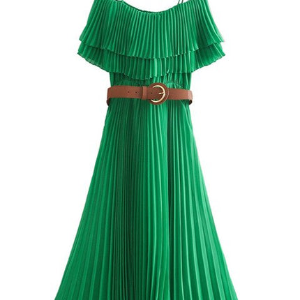 Ladies sexy off shoulder party vestido sashes Dresses Women fashion slash neck ruffles green pleated sling Dress
