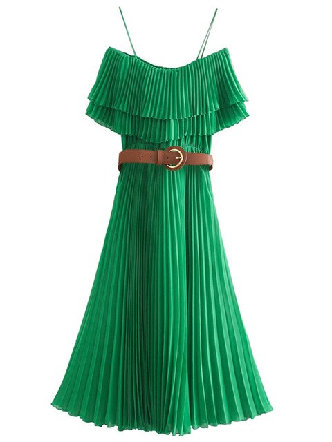 Ladies sexy off shoulder party vestido sashes Dresses Women fashion slash neck ruffles green pleated sling Dress