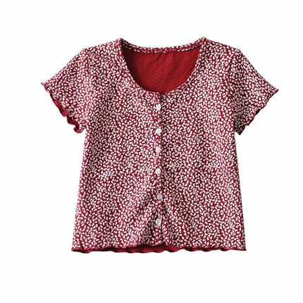 Women Scoop Neck Button down Floral Print Crop Tee Short Sleeve Floral Printed Crop Top For Women Summer Fashion