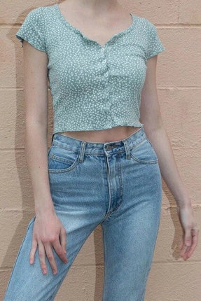 Women Scoop Neck Button down Floral Print Crop Tee Short Sleeve Floral Printed Crop Top For Women Summer Fashion