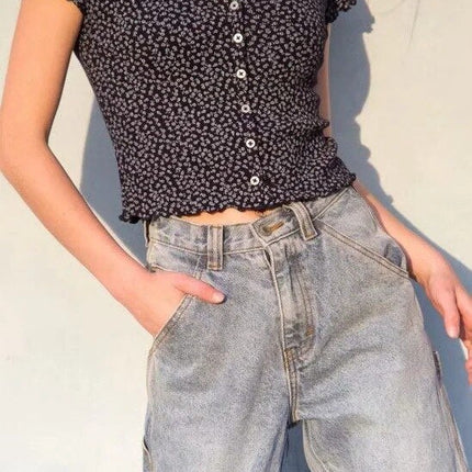 Women Scoop Neck Button down Floral Print Crop Tee Short Sleeve Floral Printed Crop Top For Women Summer Fashion